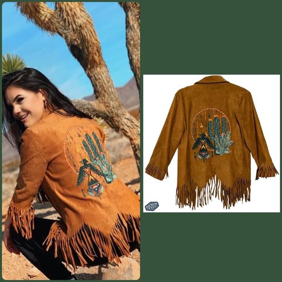 ANDRÉE by UNIT Tan Suede Fringe Jacket w/ Embroidered Cactus &Thunderbird Design - Picture 1 of 16